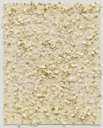 Howardena Pindell (American, born 1943). Untitled (#7). 1973. Ink on punched and pasted paper, talcum powder, and thread on paper, 10 1/8 × 8 3/8″ (25.9 × 21.3 cm). The Museum of Modern Art. Gift of Lily Auchincloss, 1974. © 2009 Howardena Pindell