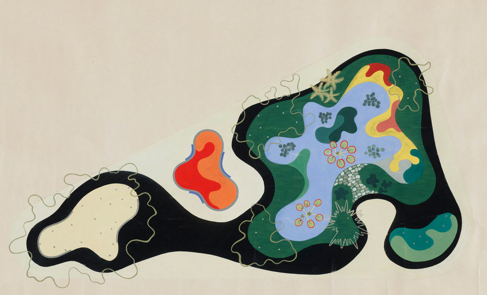 Roberto Burle Marx. Garden Design Saenz Peña Square, Rio de Janeiro, Brazil, Plan, 1948. Gouache on paper, 24 3/8 × 40″ (61.9 × 101.6 cm). The Museum of Modern Art, New York. Gift of Philip L. Goodwin