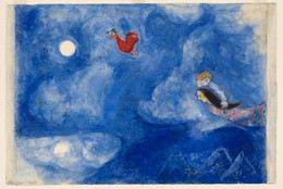 Marc Chagall. Aleko and Zemphira by Moonlight. Study for backdrop for Scene I of the ballet Aleko. 1942. Gouache and pencil on paper, 15 1/8 × 22 1/2″ (38.4 × 57.2 cm). The Museum of Modern Art. Acquired through the Lillie P. Bliss Bequest. © 2009 Artists Rights Society (ARS), New York/ADAGP, Paris.