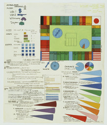 Öyvind Fahlström. Plan for World Trade Monopoly. 1970. Cut-and-pasted paper with synthetic polymer paint, ink, and colored pencil on paper. 16 5/8 × 14″ (42 × 35.3 cm). The Museum of Modern Art, New York. Mrs. Bertram Smith Fund © 2009 Öyvind Fahlström / Artists Rights Society (ARS), New York / VG Bild-Kunst, Germany.
