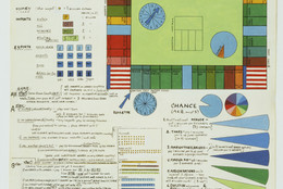 Öyvind Fahlström. Plan for World Trade Monopoly. 1970. Cut-and-pasted paper with synthetic polymer paint, ink, and colored pencil on paper. 16 5/8 × 14″ (42 × 35.3 cm). The Museum of Modern Art, New York. Mrs. Bertram Smith Fund © 2009 Öyvind Fahlström / Artists Rights Society (ARS), New York / VG Bild-Kunst, Germany.