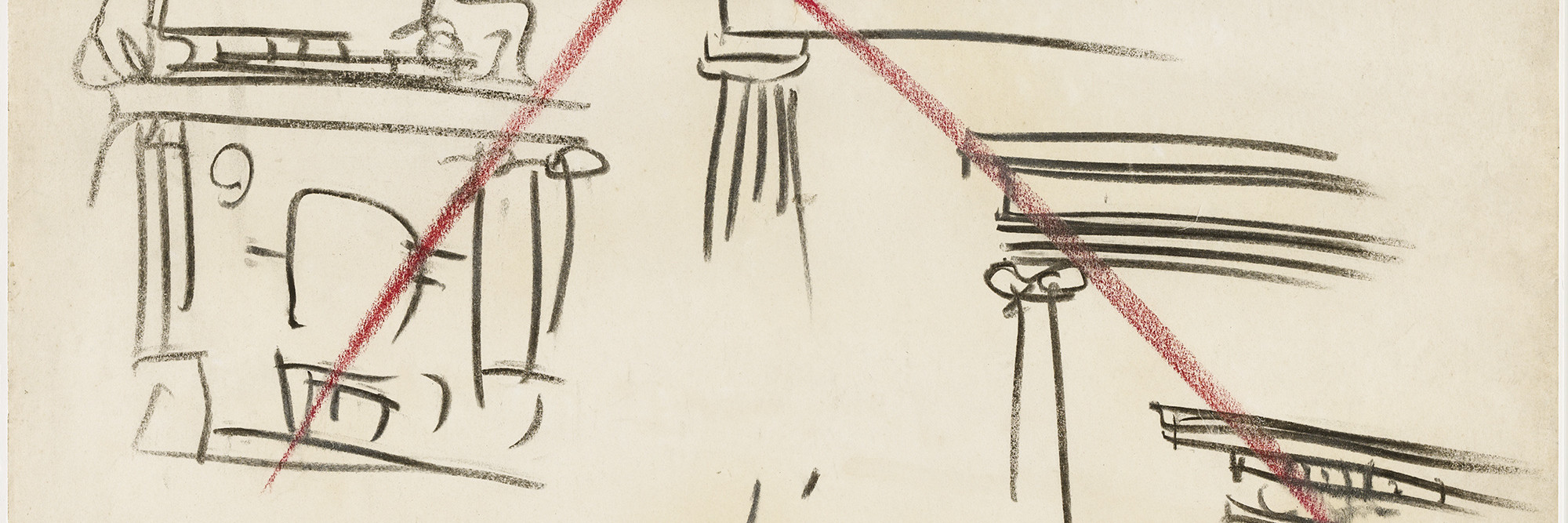 Le Corbusier (Charles-Édouard Jeanneret ). “Ceci n’est pas l’architecture” drawing from Buenos Aires Lecture. 1929. Charcoal and crayon on paper, 39¾ × 25 9/16″ (101 × 65 cm). Gift of Agnes Gund in honor of Patricia Phelps de Cisneros