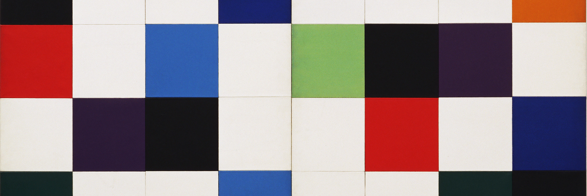 Ellsworth Kelly. Colors for a Large Wall. (1951). Oil on canvas. Sixty-four wood panels, overall: 7′ 10 1/2″ × 7′ 10 1/2″ (240 × 240 cm). The Museum of Modern Art, New York. Gift of the artist © 2008 Ellsworth Kelly