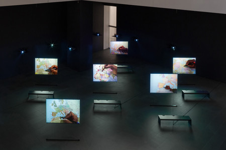 Bouchra Khalili. The Mapping Journey Project. 2008–11. Eight-channel video (color, sound). Installation view, Bouchra Khalili: The Mapping Journey Project, The Museum of Modern Art, New York, April 9–August 28, 2016. The Museum of Modern Art, New York. Fund for the Twenty First Century, 2014. © 2016 Bouchra Khalili. Digital image © 2016 The Museum of Modern Art. Photo: Jonathan Muzikar