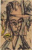 Ernst Ludwig Kirchner. Self-Portrait with Pipe (Selbstbildnis mit Pfeife). (July 23, 1914). Ink, crayon, watercolor and gouache on paper, 5 1/2 x 3 5/8&#34; (14 x 9.2 cm). Gift of Jo Carole and Ronald S. Lauder