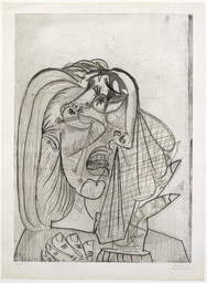 Pablo Picasso. The Weeping Woman, I (La Femme qui pleure, I), State III. July 1, 1937. Drypoint, aquatint, etching, and scraper; plate: 27 1/8 × 19 1/2″ (68.9 × 49.5 cm); sheet: 30 5/16 × 22 5/16″ (77 × 56.7 cm). Publisher: the artist, Paris. Printer: Lacourière, Paris. Edition: 15. Acquired through the generosity of the Katsko Suzuki Memorial Fund, the Riva Castleman Endowment Fund, David Rockefeller, The Philip and Lynn Straus Foundation Fund, and Agnes Gund and Daniel Shapiro; Linda and Bill Goldstein, Mr. and Mrs. Herbert D. Schimmel, the Edward John Noble Foundation, and the Associates of the Department of Prints and Illustrated Books; The Cowles Charitable Trust, Nelson Blitz, Jr. with Catherine Woodard and Perri and Allison Blitz, Mary Ellen Meehan, and Anna Marie and Robert F. Shapiro; and Ruth and Louis Aledort, Carol and Bert Freidus, David S. Orentreich, M.D., and Susan and Peter Ralston. © 2016 Estate of Pablo Picasso / Artists Rights Society (ARS), New York