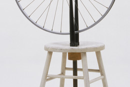 Marcel Duchamp. Bicycle Wheel. New York, 1951 (third version, after lost original of 1913). Metal wheel mounted on painted wood stool, 51 × 25 × 16 1/2ʺ (129.5 × 63.5 × 41.9 cm). The Sidney and Harriet Janis Collection. © 2016 Artists Rights Society (ARS), New York / ADAGP, Paris / Estate of Marcel Duchamp