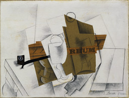 Pablo Picasso. Pipe, Glass, Bottle of Rum. March 1914. Cut-and-pasted colored paper, printed paper, and painted paper, pencil, and gouache on prepared board, 15 3/4 × 20 3/4″ (40 × 52.7 cm). Gift of Mr. and Mrs. Daniel Saidenberg. © 2008 Estate of Pablo Picasso / Artists Rights Society (ARS), New York