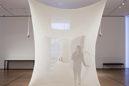 Ernesto Neto. Navedenga (installation view at The Museum of Modern Art, 2010). 1998. Polyamide stretch fabric, sand, Styrofoam, cloves, cord, and ribbon, 144 × 180 × 252″ (365.8 × 457.2 × 640.1 cm). The Museum of Modern Art, New York. Gift of Donald L. Bryant, Jr. Photo: Thomas Griesel