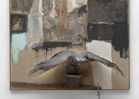 Robert Rauschenberg. Canyon. 1959. Oil, pencil, paper, metal, photograph, fabric, wood, canvas, buttons, mirror, taxidermied eagle, cardboard, pillow, paint tube, and other materials, 81 3/4 × 70 × 24″ (207.6 × 177.8 × 61 cm). Gift of the family of Ileana Sonnabend. © 2016 Robert Rauschenberg Foundation