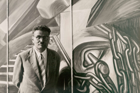 José Clemente Orozco with his fresco &#34;Dive Bomber and Tank,&#34; commissioned by MoMA during the exhibition &#34;Twenty Centuries of Mexican Art,&#34; May 15–September 30, 1940. Photographic Archive. The Museum of Modern Art Archives, New York