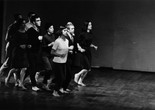 Peter Moore’s photograph of Robert Rauschenberg, Joseph Schlichter (back), Sally Gross, Tony Holder, Deborah Hay, and Robert Morris (middle), Yvonne Rainer, Alex Hay, and Lucinda Childs (front) in We Shall Run, 1963. Performed in Two Evenings of Dances by Yvonne Rainer, Wadsworth Atheneum, Hartford, Connecticut, March 7, 1965. © Barbara Moore/Licensed by VAGA at ARS, NY. Courtesy Paula Cooper Gallery, New York
