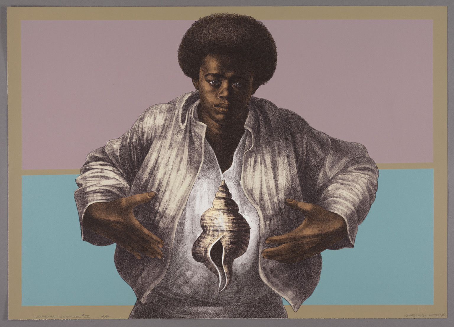 Charles White (American, 1918-1979). Sound of Silence. 1978. Lithograph, 25 1/8 x 35 5/16" (63.8 x 89.7 cm). The Art Institute of Chicago, Margaret Fisher Fund. © The Charles White Archives/ © The Art Institute of Chicago
