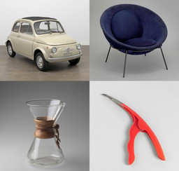 Clockwise, from top left: Dante Giacosa. 500f city car. Designed 1957 (this example 1968). Steel with fabric top, 52 × 52 × 116 7/8&#34; (132.1 × 132.1 × 296.9 cm). Manufacturer: Fiat S.p.A., Turin, Italy. Gift of Fiat Chrysler Automobiles Heritage; Lina Bo Bardi. Poltrona Bowl chair. 1951. Steel and fabric, 21 5/8 × 33 1/16 × 33 1/16&#34; (55 × 84 × 84 cm). Committee on Architecture and Design Funds; Irwin Gershen, Gershen-Newark. Shrimp Cleaner. 1954. Plastic and metal, 8 1/2 x 3 1/4 x 3/4&#34; (21.6 x 8.3 x 1.9 cm). Manufacturer: Plastic Dispensers Inc., Newark, NJ. Department purchase; Peter Schlumbohm. Chemex Coffee Maker. 1941. Pyrex glass, wood, and leather, 9 1/2 x 6 1/8&#34; (24.2 x 15.5 cm). Manufacturer: Chemex Corp., New York, NY. Gift of Lewis &amp; Conger