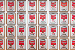 Andy Warhol. Campbell’s Soup Cans. 1962. Acrylic with metallic enamel paint on canvas, 32 panels, each canvas 20 × 16&#34; (50.8 × 40.6 cm); overall installation with 3&#34; between each panel is 97&#34; high × 163&#34; wide. Partial gift of Irving Blum Additional funding provided by Nelson A. Rockefeller Bequest, gift of Mr. and Mrs. William A. M. Burden, Abby Aldrich Rockefeller Fund, gift of Nina and Gordon Bunshaft, acquired through the Lillie P. Bliss Bequest, Philip Johnson Fund, Frances R. Keech Bequest, gift of Mrs. Bliss Parkinson, and Florence B. Wesley Bequest (all by exchange). © 2019 Andy Warhol Foundation/ARS, NY/TM Licensed by Campbell&#39;s Soup Co. All rights reserved