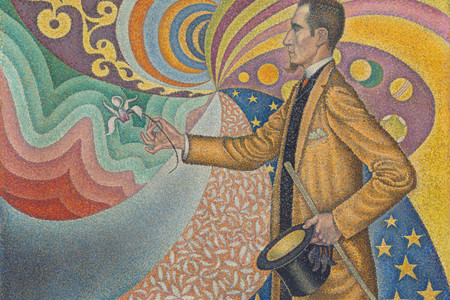 Paul Signac. Opus 217. Against the Enamel of a Background Rhythmic with Beats and Angles, Tones, and Tints, Portrait of M. Félix Fénéon in 1890. 1890. Oil on canvas. 29 x 36 1/2″ (73.5 x 92.5 cm). The Museum of Modern Art, New York. Gift of Mr. and Mrs. David Rockefeller, 1991. Photo by Jonathan Muzikar. © 2019 Artists Rights Society (ARS), New York / ADAGP, Paris