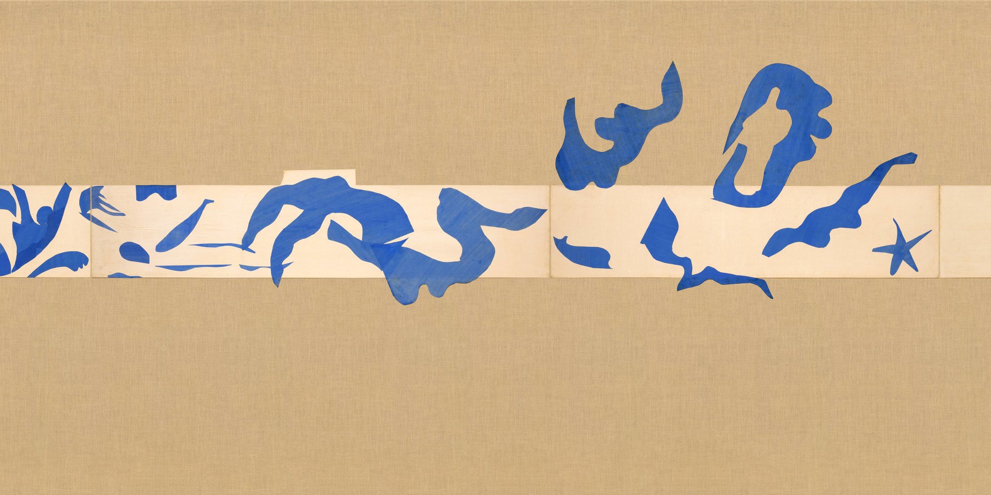 Henri Matisse. The Swimming Pool, Maquette for ceramic (realized 1999 and 2005). 1952. Gouache on paper, cut and pasted, on painted paper, overall 73&#34; × 53&#39; 11&#34; (185.4 × 1643.3 cm). Installed as nine panels in two parts on burlap-covered walls 11&#39; 4&#34; (345.4 cm) high. Frieze installed at a height of 5&#39; 5&#34; (165 cm). Mrs. Bernard F. Gimbel Fund. Conservation was made possible by the Bank of America Art Conservation Project. © 2019 Succession H. Matisse/Artists Rights Society (ARS), New York