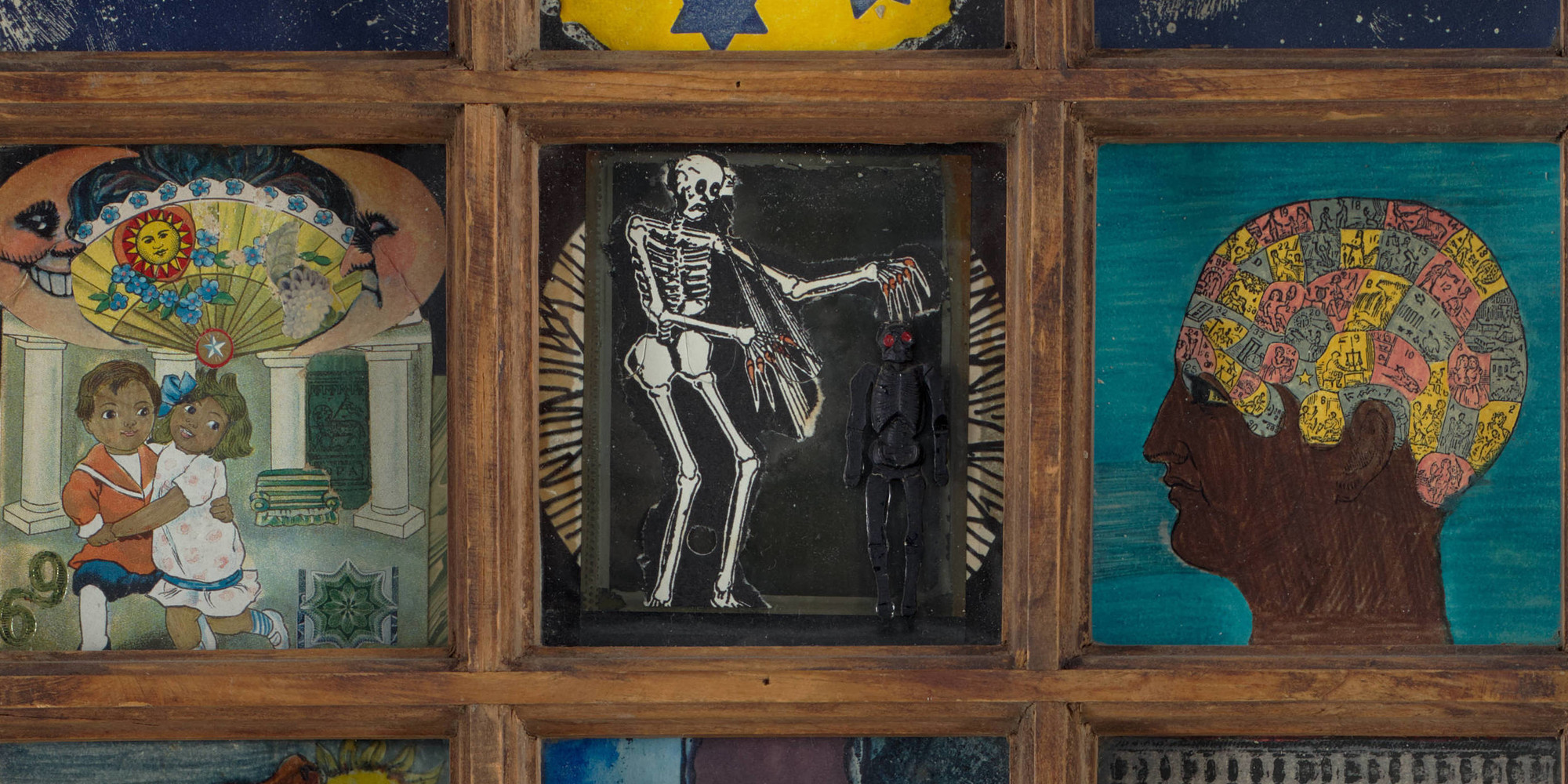 Betye Saar. Black Girl’s Window (detail). 1969. Wooden window frame with paint, cut-and-pasted printed and painted papers, daguerreotype, lenticular print, and plastic figurine, 35 3/4 × 18 × 1 1/2&#34; (90.8 × 45.7 × 3.8 cm). Gift of Candace King Weir through The Modern Women’s Fund, and Committee on Painting and Sculpture Funds