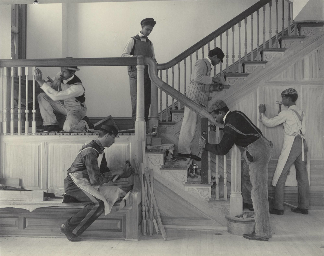 Frances Benjamin Johnston. Stairway of the Treasurer’s Residence: Students at Work from the Hampton Album. 1899–1900