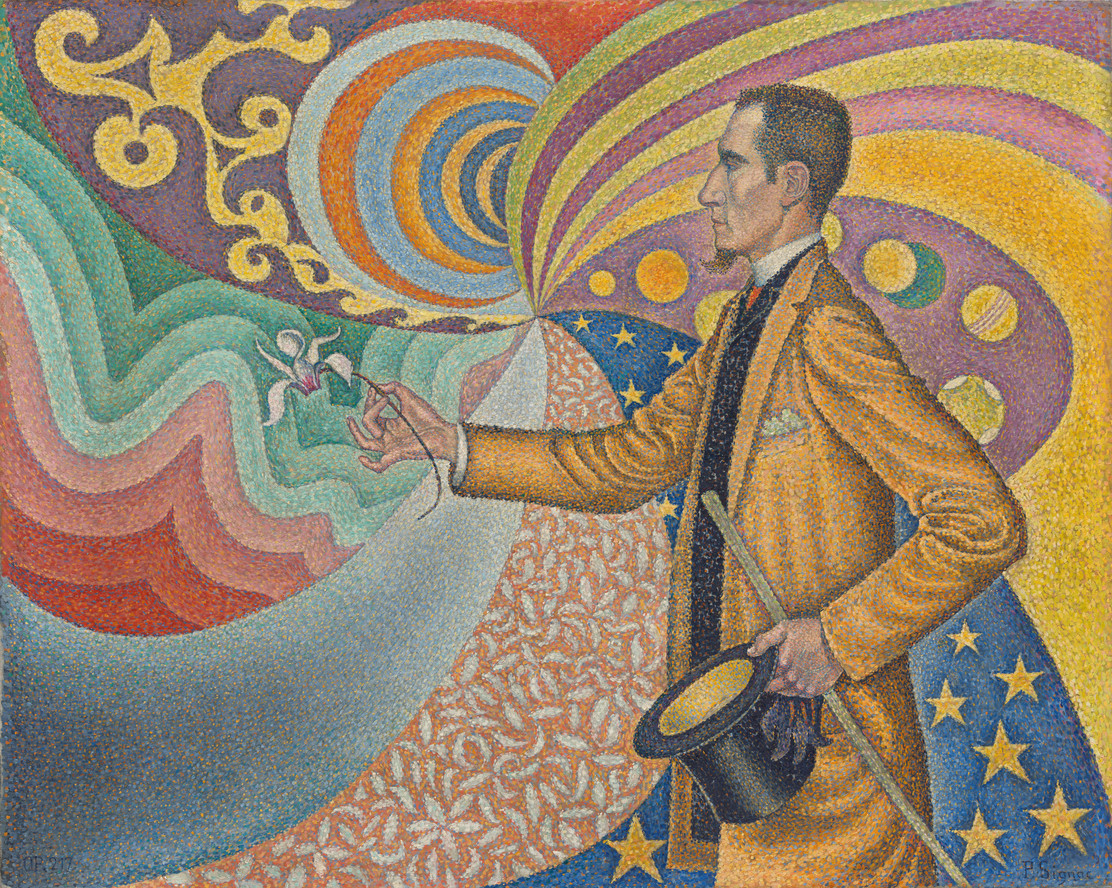 Paul Signac. Opus 217. Against the Enamel of a Background Rhythmic with Beats and Angles, Tones, and Tints, Portrait of M. Félix Fénéon in 1890. 1890