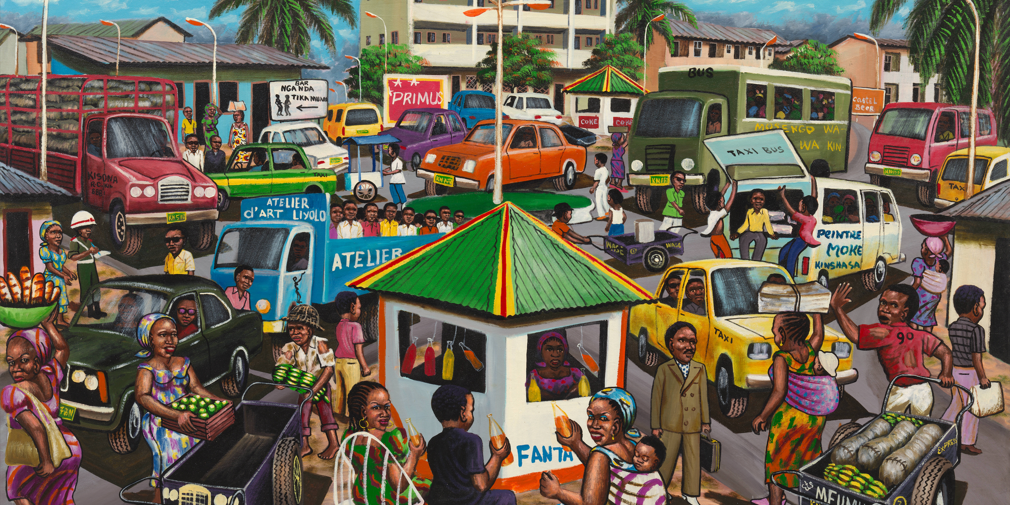 Moké . Kinshasa at Noon. 1980. Acrylic on canvas, 45 1/4 × 72 7/16&#34; (115 × 184 cm). CAAC-The Pigozzi Collection. Gift of Jean Pigozzi