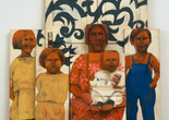 Marisol (Marisol Escobar). The Family. 1962. Painted wood, sneakers, door knob and plate, three sections, Overall 6′ 10 5/8″ x 65 1/2″ x 15 1/2″ (209.8 x 166.3 x 39.3 cm). The Museum of Modern Art, New York. Advisory Committee Fund