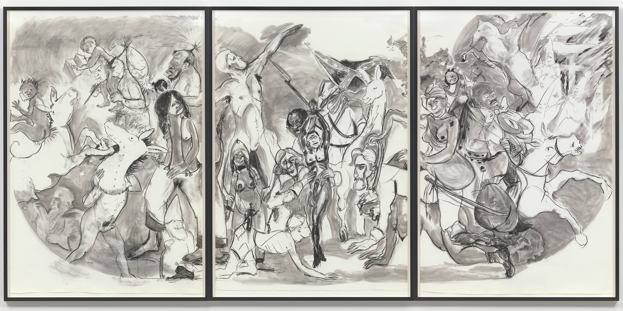 Kara Walker. 40 Acres of Mules. 2015. Charcoal on three sheets of paper, (.a): 104 × 72&#34; (264.2 × 182.9 cm); (.b): 103 × 72&#34; (261.6 × 182.9 cm); (.c): 105 × 72&#34; (266.7 × 182.9 cm). Acquired through the generosity of Candace King Weir, Agnes Gund, and Jerry I. Speyer and Katherine Farley. © 2021 Kara Walker