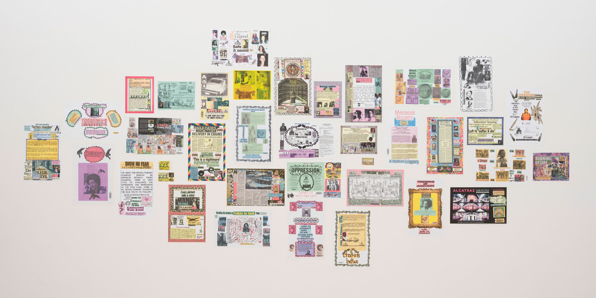 Ojore Lutalo. All works untitled. n.d. Photocopied collage posters, dimensions variable. Installation view, Marking Time: Art in the Age of Mass Incarceration, MoMA PS1, September 17, 2020–April 5, 2021. Courtesy the artist