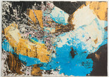 Image: Mark Bradford. Let&#39;s Walk to the Middle of the Ocean. 2015. Paper, acrylic paint, and acrylic varnish on canvas. Anonymous gift Alt Text: A large-scale landscape-oriented mixed media artwork, with an abstract clash of sky blue, muted gold, black, and white shapes extending to the edges of the canvas. Torn paper and splashed paint are layered on top of each other, with some areas defined in pale pink and mud gray paint. On the left side of the composition, there are carved lines emanating from various areas like cracked glass or a map of a city center.