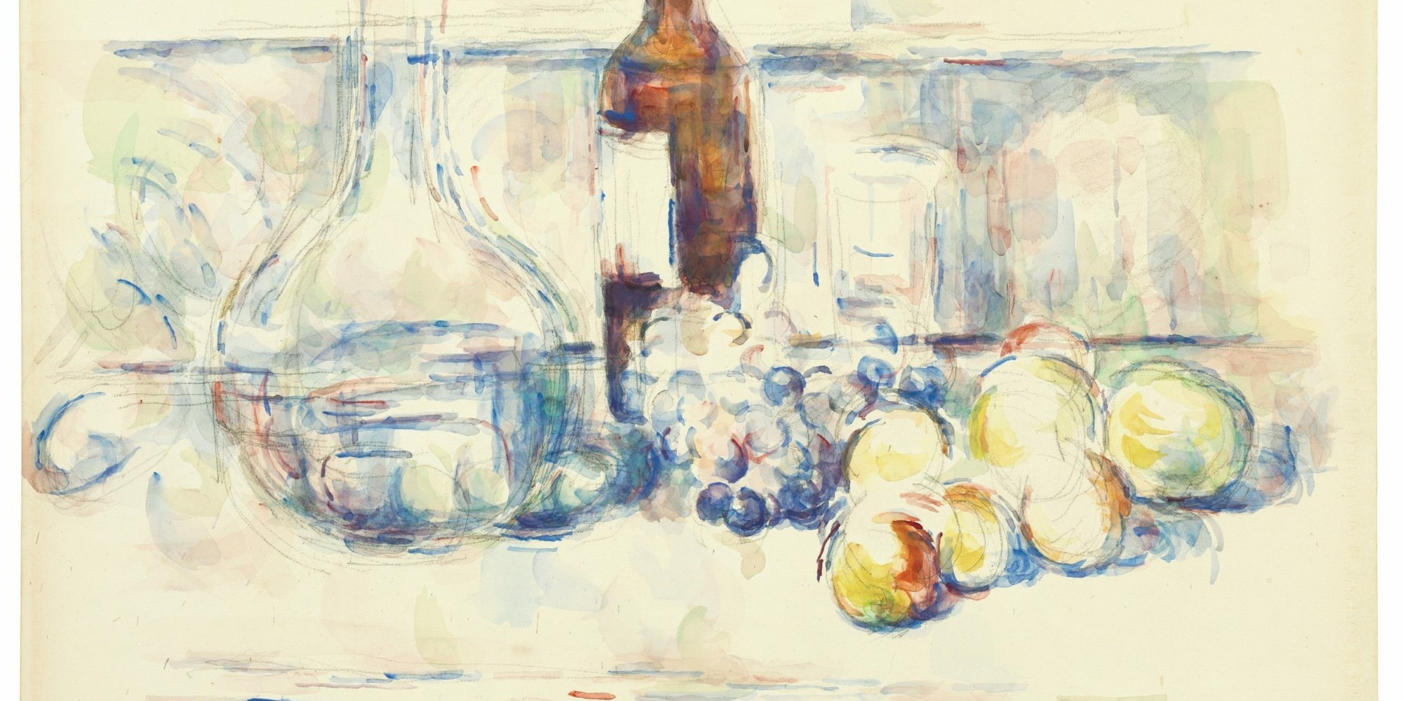 Paul Cézanne. Still Life with Carafe, Bottle, and Fruit (La Bouteille de cognac). 1906. Pencil and watercolor on paper, 18 7/8 × 24 5/8″ (48 × 62.5 cm). Henry and Rose Pearlman Foundation (on extended loan to the Princeton University Art Museum). The Henry and Rose Pearlman Collection/Art Resource, NY. Photo: Bruce M. White