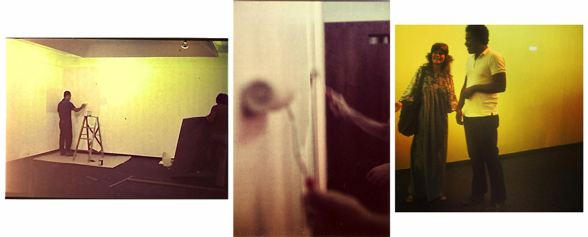 Desde la izquierda: Dos fotografías tomadas durante la instalación de Amarillo Sol K7YV68, Sala Mendoza, Caracas, 1973; Una fotografía de la inauguración de Amarillo Sol K7YV68 en la Sala Mendoza, Caracas, 1973. Cortesía del artista