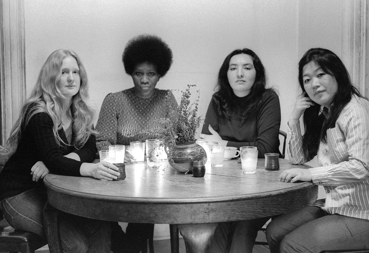 Fig. 18: From left: Mary Lucier, Charlotte Warren, Cecilia Sandoval, and Kubota during a Red, White, Yellow &amp; Black planning session, E. 7th St., 1973