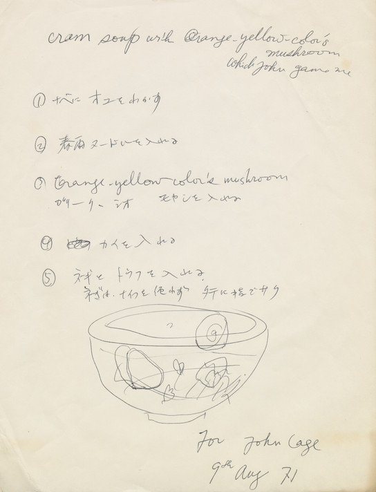 Fig. 15: Shigeko Kubota. Cream of mushroom soup recipe, for John Cage. 1971