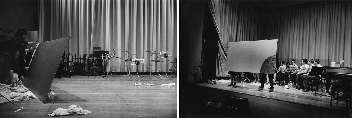 Figs. 3-4. Peter Moore. Photographs of Kubota performing in FluxOrchestra concert, Carnegie Recital Hall, New York, September 25, 1965