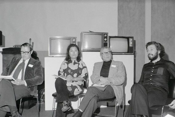 Fig. 7: Shigeko Kubota (center left) participating in the panel Global Trends in Experimental Television and giving a lecture at the conference Open Circuits: An International Conference on the Future of Television on January 23, 1974