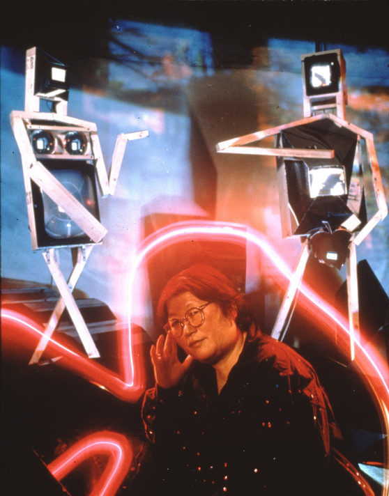Fig. 11: Kubota with Adam and Eve (1991), installed at the Museum of the Moving Image, 1991