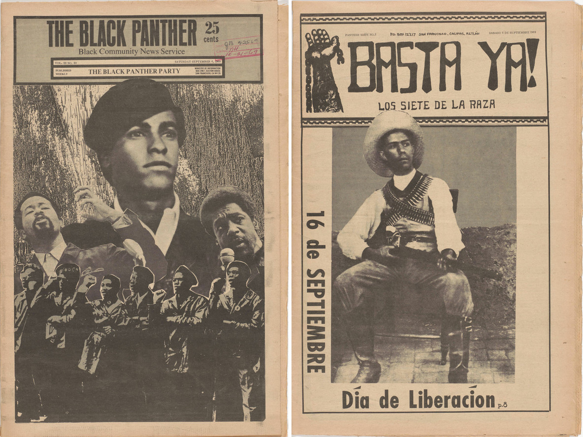 Front and back cover, The Black Panther Newspaper, vol. 3, no. 20 (Huey Newton, Eldridge Cleaver, Bobby Seale). 1969