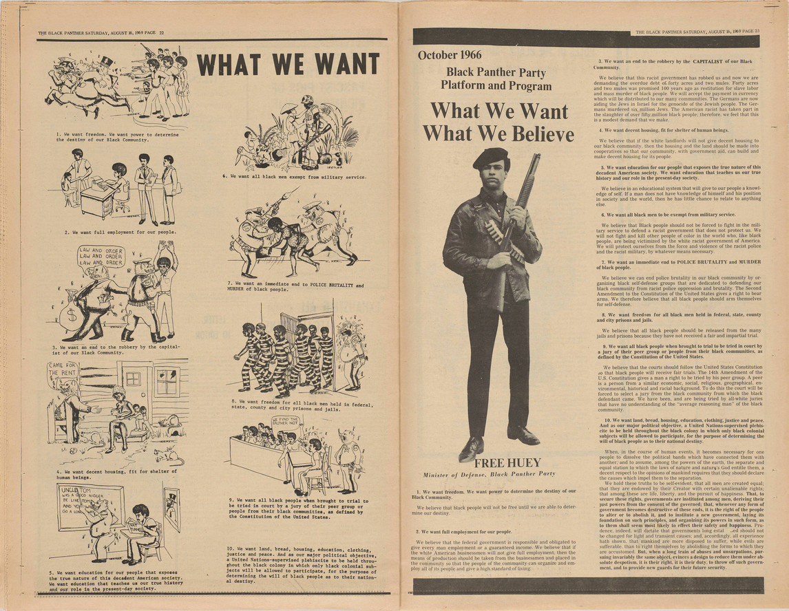 Spread from The Black Panther Newspaper, vol. 3, no. 17 (Eldridge Cleaver’s new baby), 1969, including the Black Panther Party Platform and Program