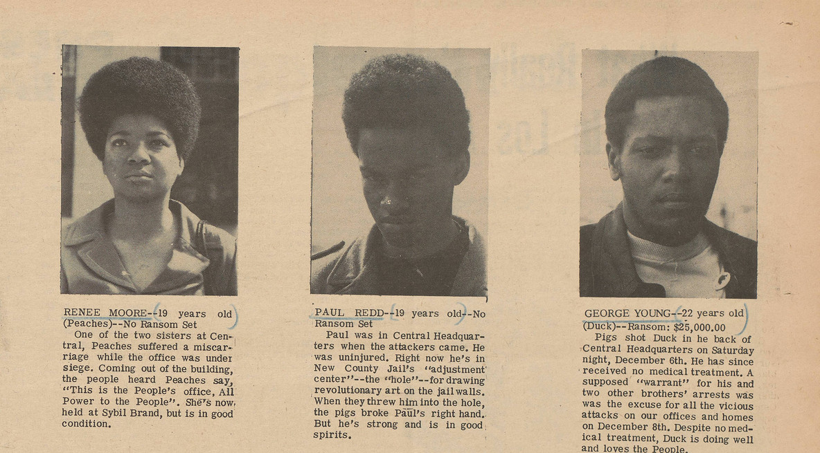 Page detail showing Party members’ names underlined and circled with a blue colored pencil, from The Black Panther Newspaper, vol. 4, no. 3 (By lifting their hands against these revoluationaries, they lifted their hands against the best that humanity posesses). 1969