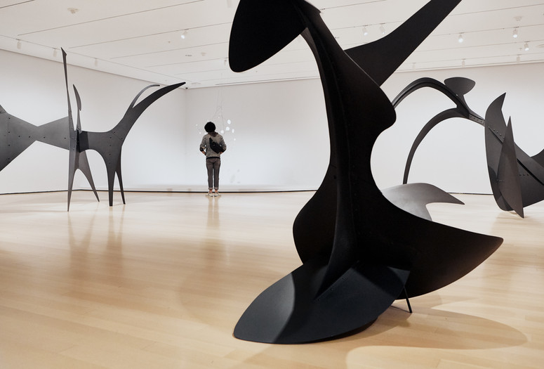 Installation view of Alexander Calder: Modern from the Start, The Museum of Modern Art, New York, March 14, 2021–January 15, 2022. Photo: Christiana Rifaat. All works by Alexander Calder. Collection of The Museum of Modern Art, New York, unless otherwise noted. © 2021 Calder Foundation, New York/Artists Rights Society (ARS), New York. Shown (from left): Black Beast. 1940. Sheet metal, bolts, and paint. Calder Foundation, New York; Snow Flurry I. 1948. Sheet steel, steel wire, and paint. Gift of the artist; Devil Fish. 1937. Sheet metal, bolts, and paint. Calder Foundation, New York; Black Widow. 1959. Sheet steel and paint. Mrs. Simon Guggenheim Fund