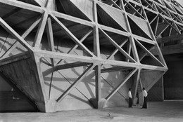 Hall of Nations, Pragati Maidan, New Delhi, India. 1970–72. Demolished 2017. Architect: Raj Rewal (b. 1934). Engineer: Mahendra Raj (b. 1924). Detail view. 1974. Photograph: Madan Mahatta