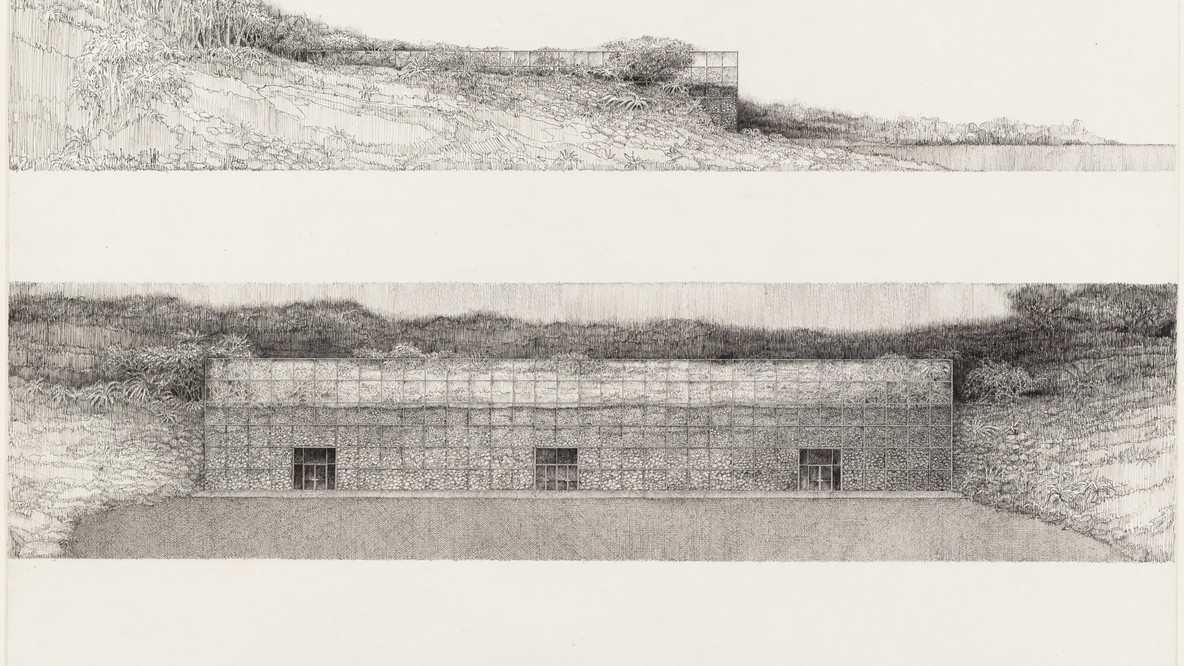 SITE (Sculpture in the Environment). Terrarium Showroom Elevations. 1979. Pen and ink on paper, 24 x 30&#34; (61 x 76.2 cm). Best Products Company Inc. Architecture Fund