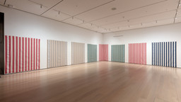 Daniel Buren. Striped cotton fabric with vertical white and colored bands. 1970. Acrylic on striped cotton fabric, 12 works. Gift of Herman J. Daled